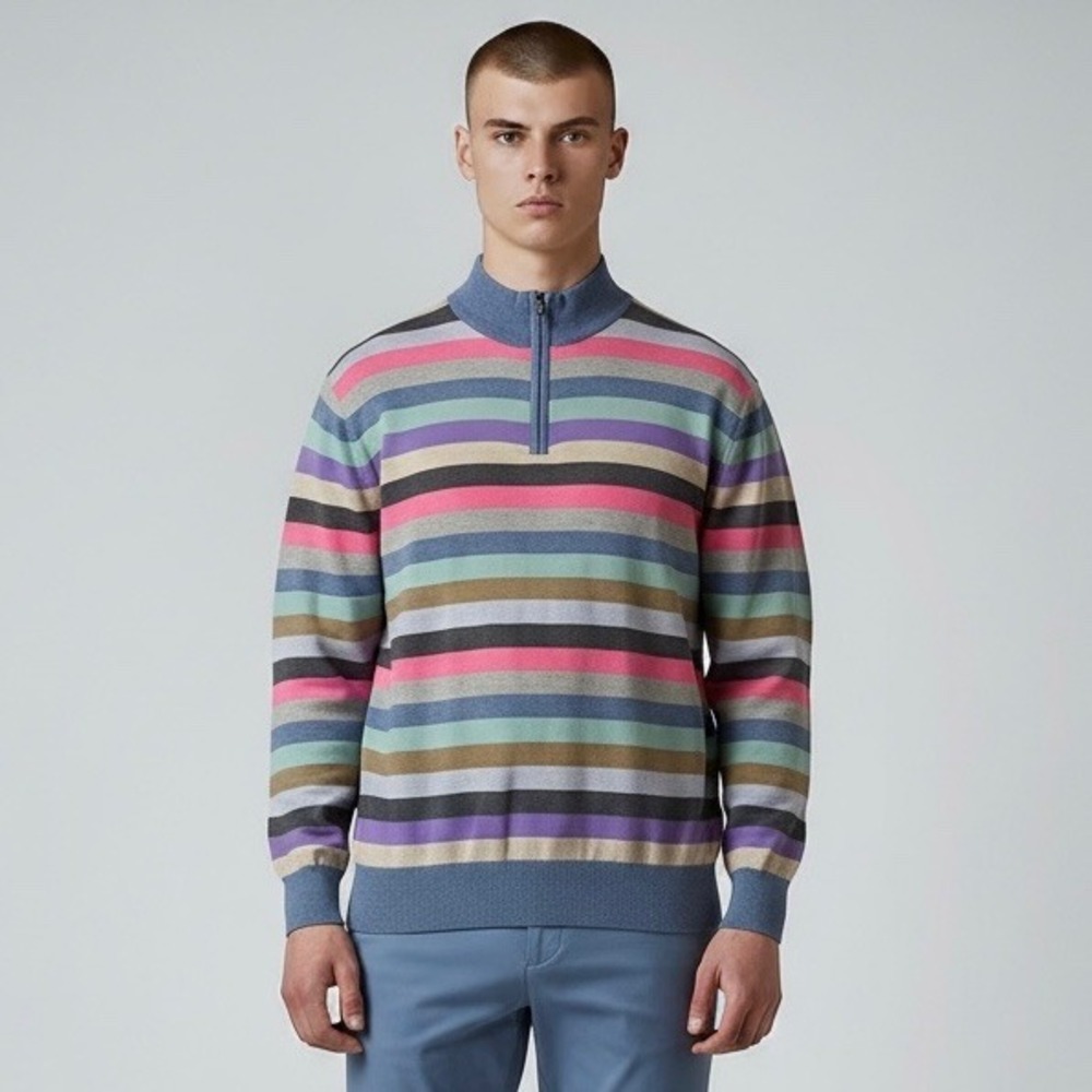 Peter Millar Sweater Mens M Multicolor Stripe Cotton 1/4 Zip Golf Pullover Italy